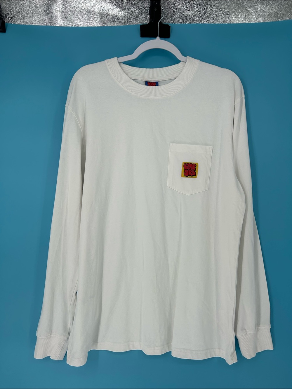White Long Sleeve Pocket Tee with Red Patch